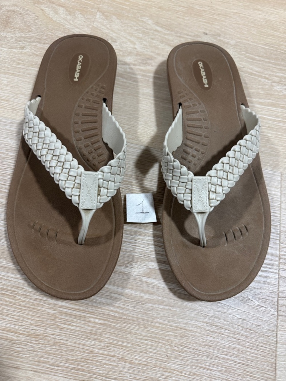 Okabashi Women's Cream Braided Thong Sandals with Brown Footbed